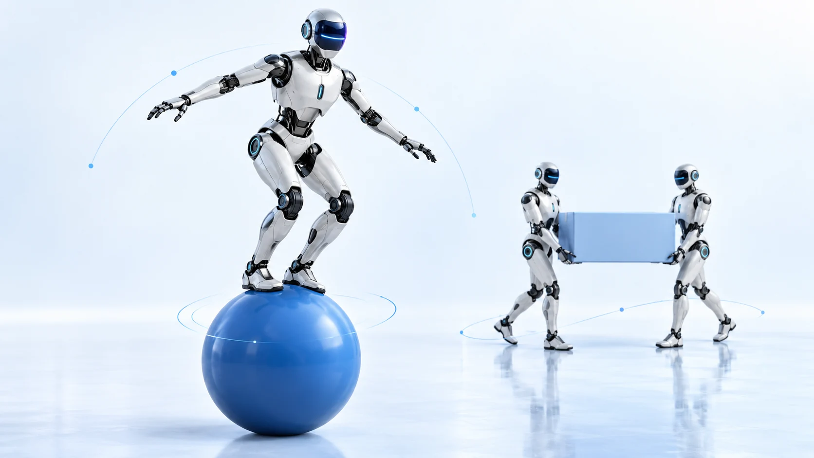 Humanoid balancující na míči a spolupracující roboti – redakční ilustrace inspirovaná AGILE 2.0