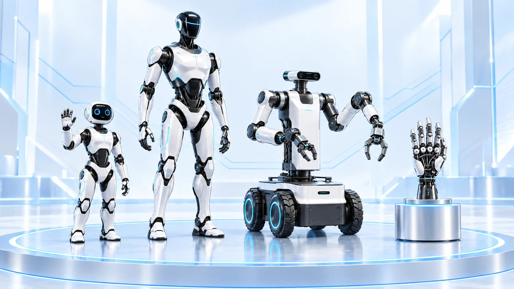 Humanoidní, vzdělávací a průmyslová robotika spolu s obratnou robotickou rukou – koncepční ilustrace